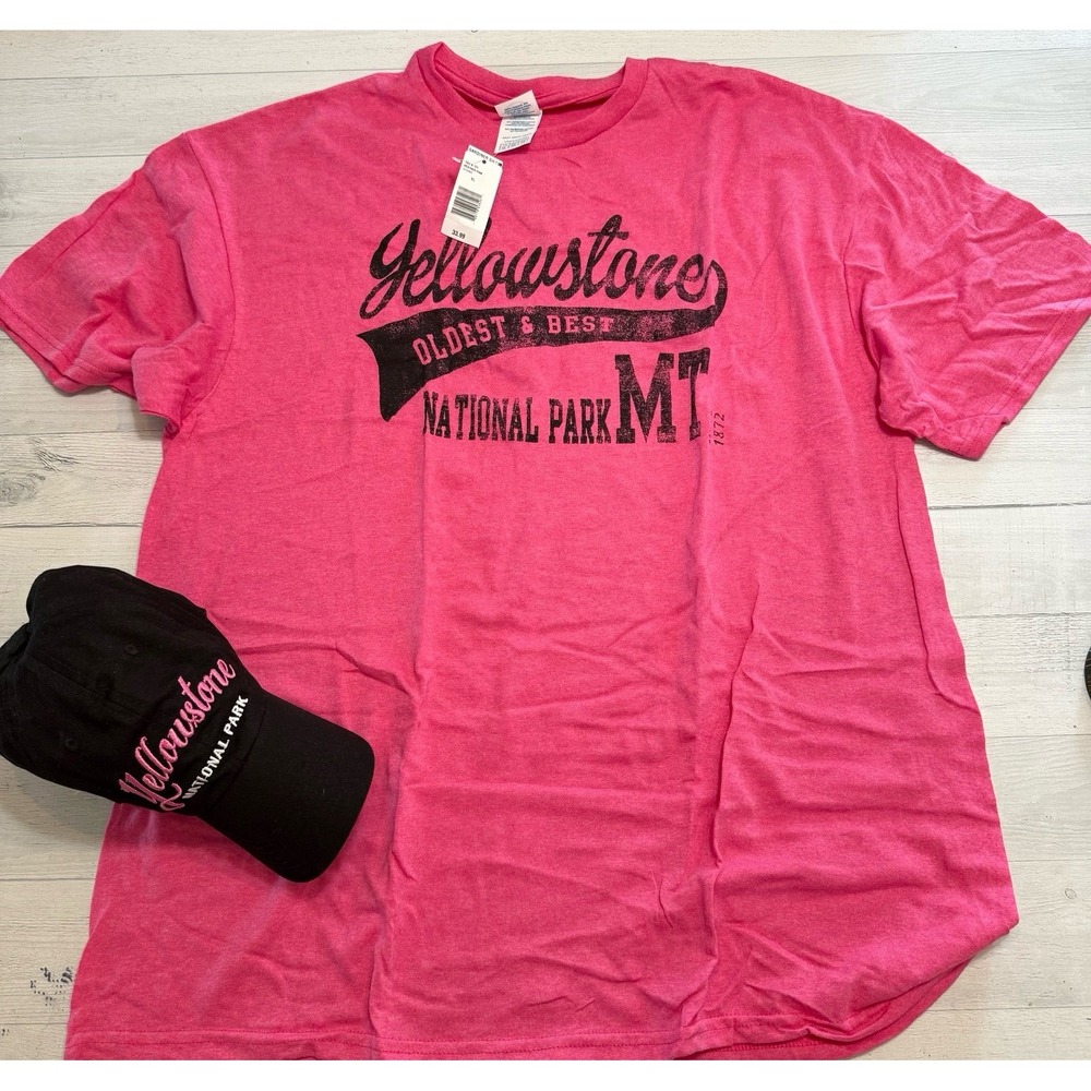 Yellowstone National‎ Park Montana pink short sleeve shirt and hat set NEW XL